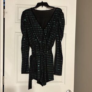 Holiday Christmas Party Shein Black Green Sequin Romper, Size 0X